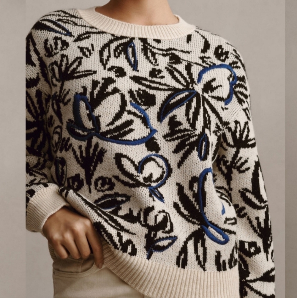 NWOT Floral Pop Embroidered Anthropologie Pullover Sweater Size XS